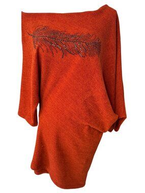 Orange Batwing Sweater With Rhinestone Feather Design – Knit Tunic Top